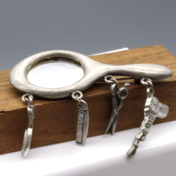 Vintage JJ Hair Stylist Charm Brooch, Silver Tone Vanity Mirror with Hairbrush - Picture 2 of 3